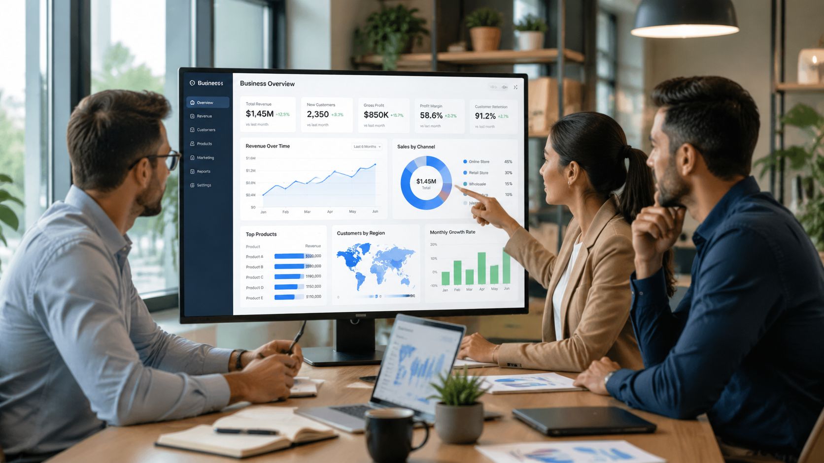 Ein professionelles Team bespricht gemeinsam wichtige Geschäftskennzahlen auf einem großen digitalen Business-Dashboard in einem modernen Büro.