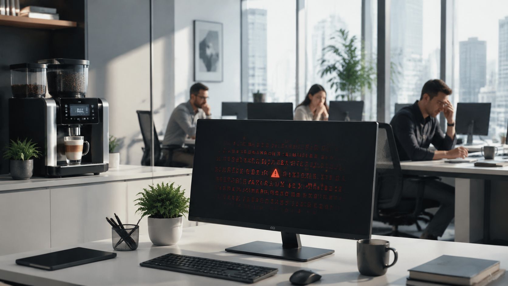 Ein moderner Büroarbeitsplatz mit einem Computerbildschirm, der eine Fehlermeldung anzeigt, während Mitarbeiter im Hintergrund arbeiten.