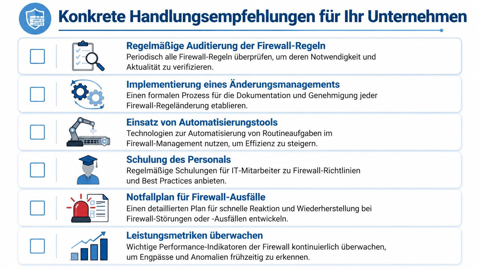 Eine Infografik mit sechs Handlungsempfehlungen zur Optimierung und professionellen Verwaltung von Firewall-Sicherheit in Unternehmen.