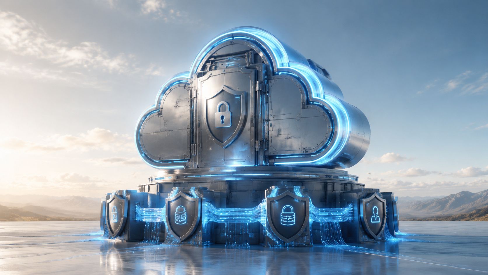 Eine futuristische, metallische Cloud-Struktur mit digitalen Sicherheitsschilden, die Datensicherheit in einer technologischen Umgebung symbolisiert.