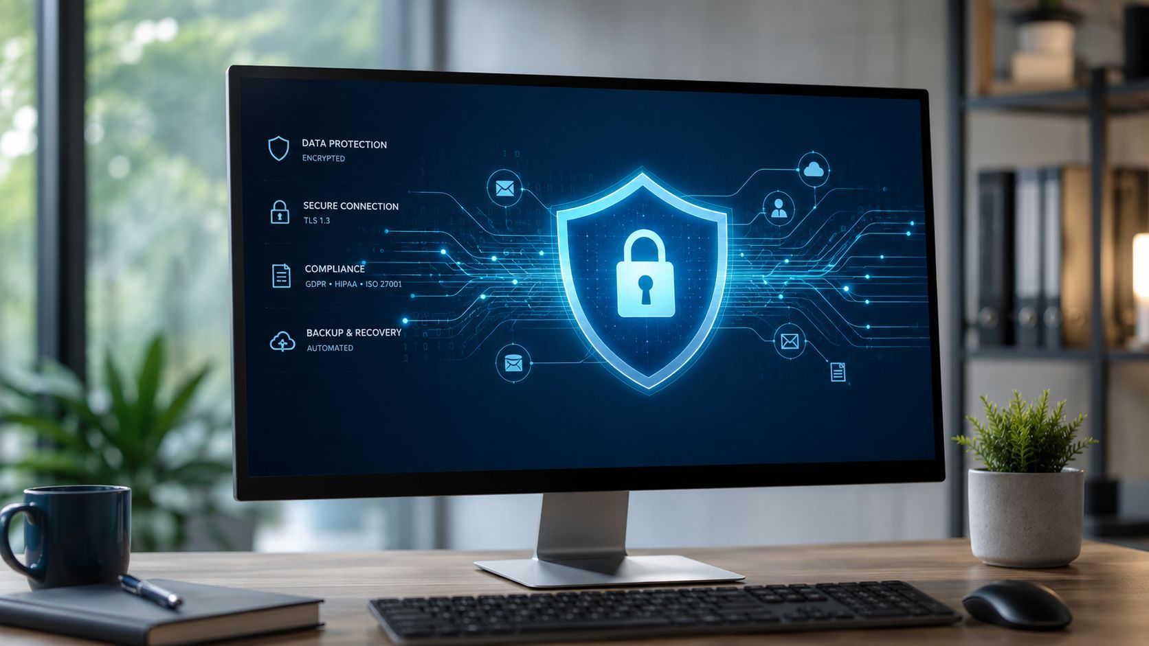 Ein Computerbildschirm zeigt ein Sicherheits-Dashboard mit einem digitalen Schutzschild und verschiedenen Cybersicherheitssymbolen in einem modernen Büro.