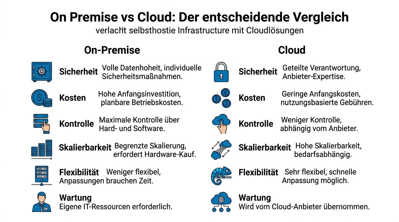 Vergleich zwischen On-Premise-Infrastruktur und Cloud-Lösungen basierend auf Sicherheit, Kosten, Kontrolle, Skalierbarkeit, Flexibilität und Wartung.