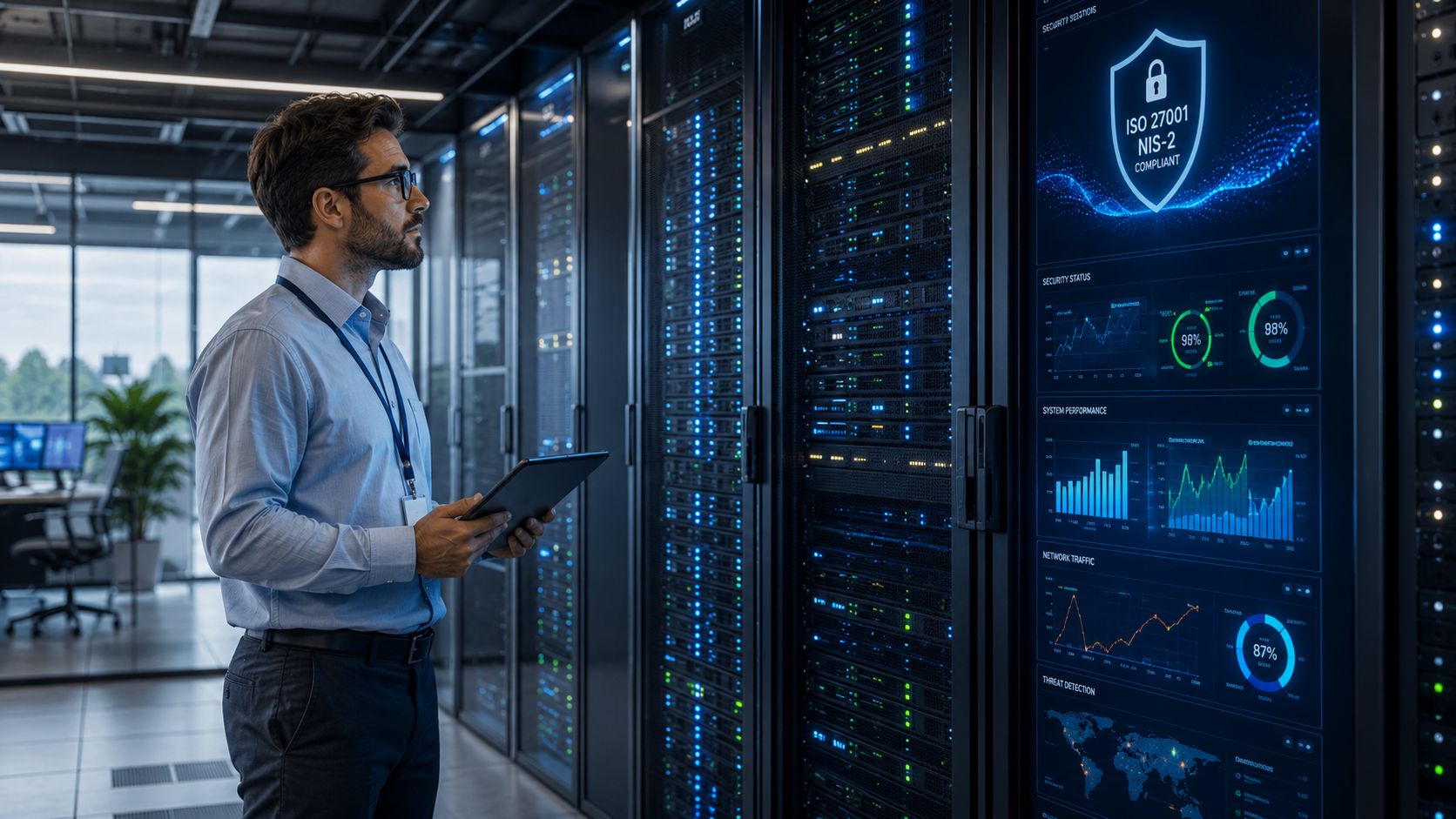 Ein IT-Experte im Rechenzentrum überwacht sicherheitsrelevante Server-Daten auf einem digitalen Display und einem Tablet.