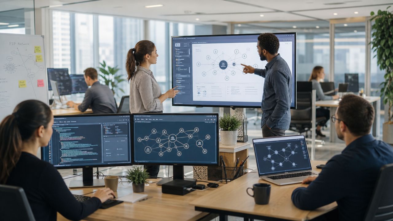 Ein Team von Softwareentwicklern arbeitet in einem modernen Büro an einem Peer-to-Peer-Netzwerkprojekt am Computer.