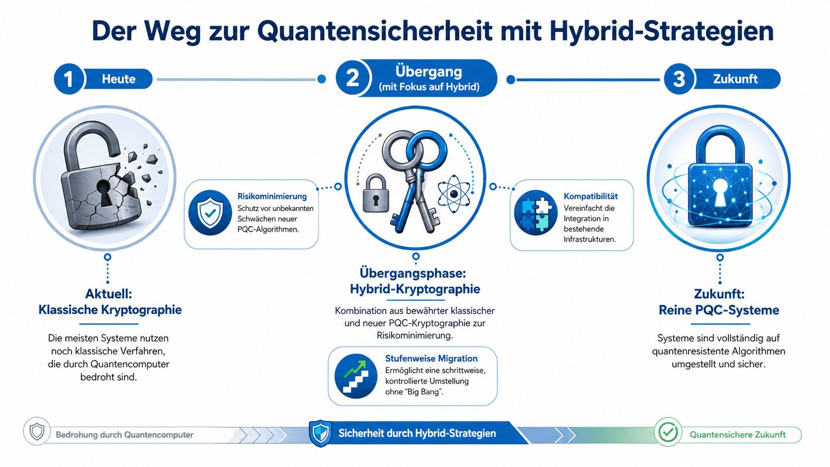 Infografik zum Pfad zur Quantensicherheit durch den Übergang von klassischer Kryptographie zu hybriden Strategien und PQC-Systemen.