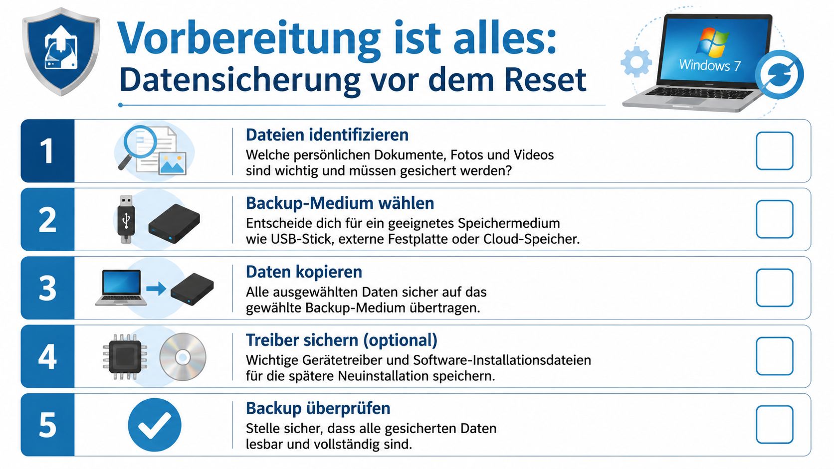 Eine Infografik zur Vorbereitung einer Datensicherung vor dem Zurücksetzen eines Windows 7 Computers in fünf Schritten.