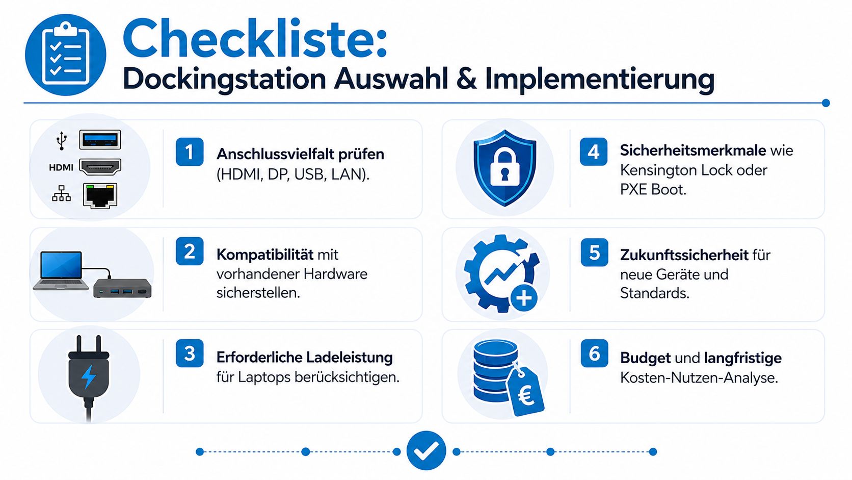 Eine Checkliste für die Auswahl und Implementierung von Dockingstationen für Laptops mit sechs verschiedenen Kriterien für IT-Entscheidungen.