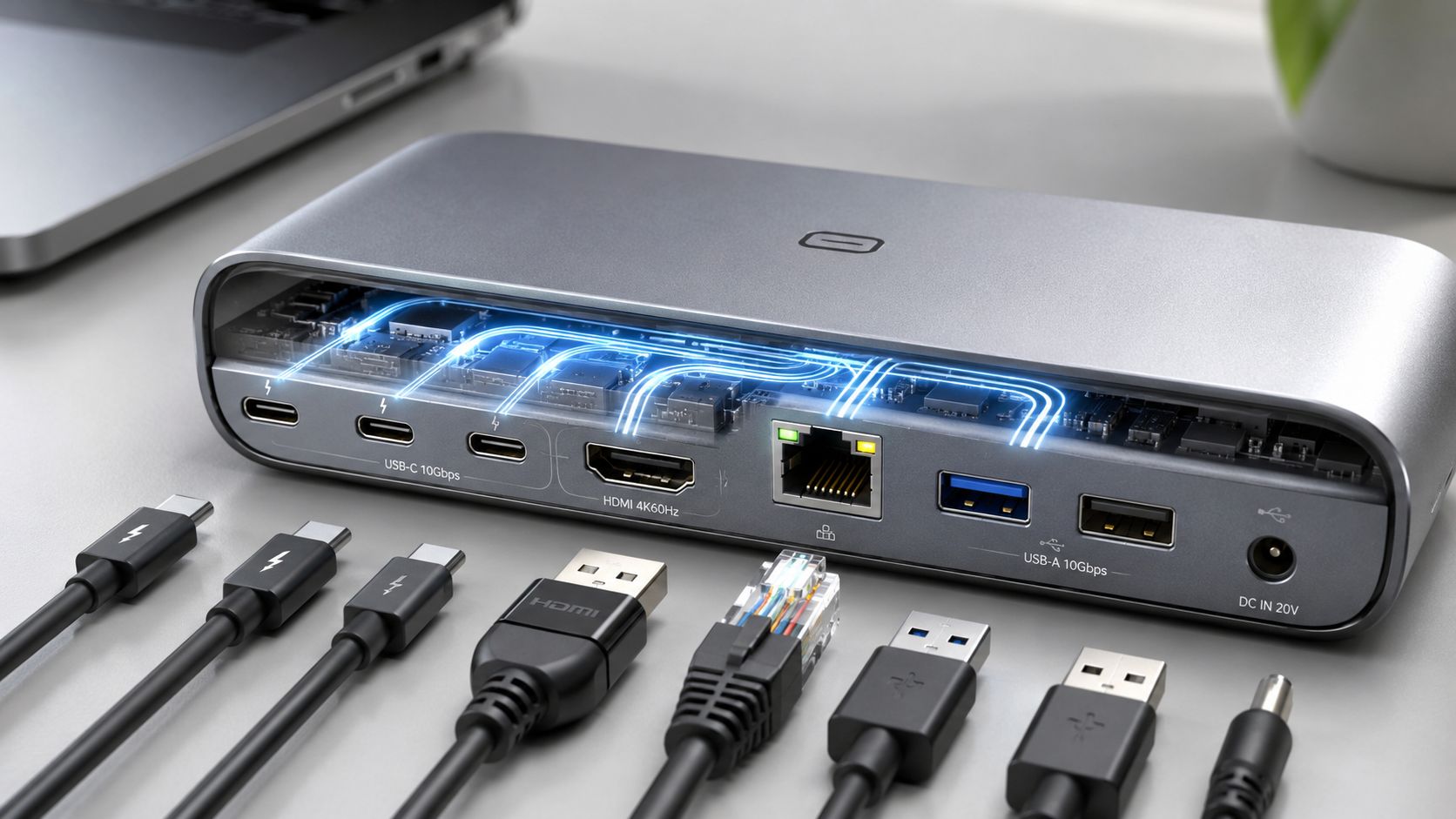 Eine moderne, graue Dockingstation mit verschiedenen angeschlossenen Kabeln für Laptops und andere elektronische Geräte.