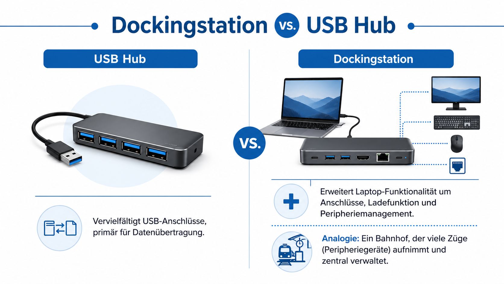 Vergleichsgrafik zwischen einem einfachen USB-Hub und einer multifunktionalen Dockingstation für Laptops zur besseren Konnektivität.