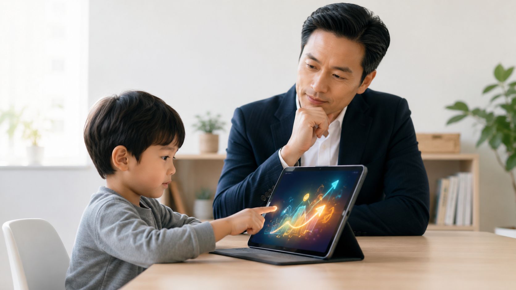Ein asiatischer Vater und sein kleiner Sohn betrachten gemeinsam eine grafische Wachstumsanalyse auf einem Tablet-Computer.