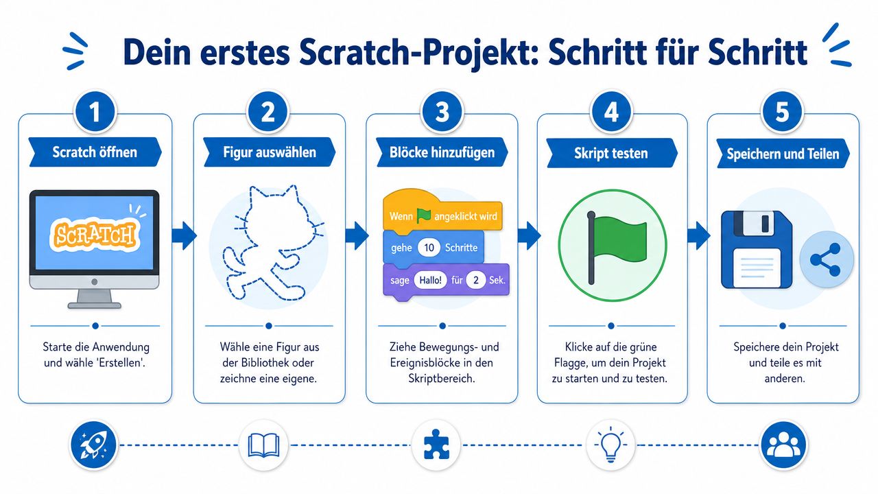 Eine Schritt-für-Schritt-Anleitung in fünf Etappen zur Erstellung eines ersten eigenen Scratch-Programmierprojekts am Computer.
