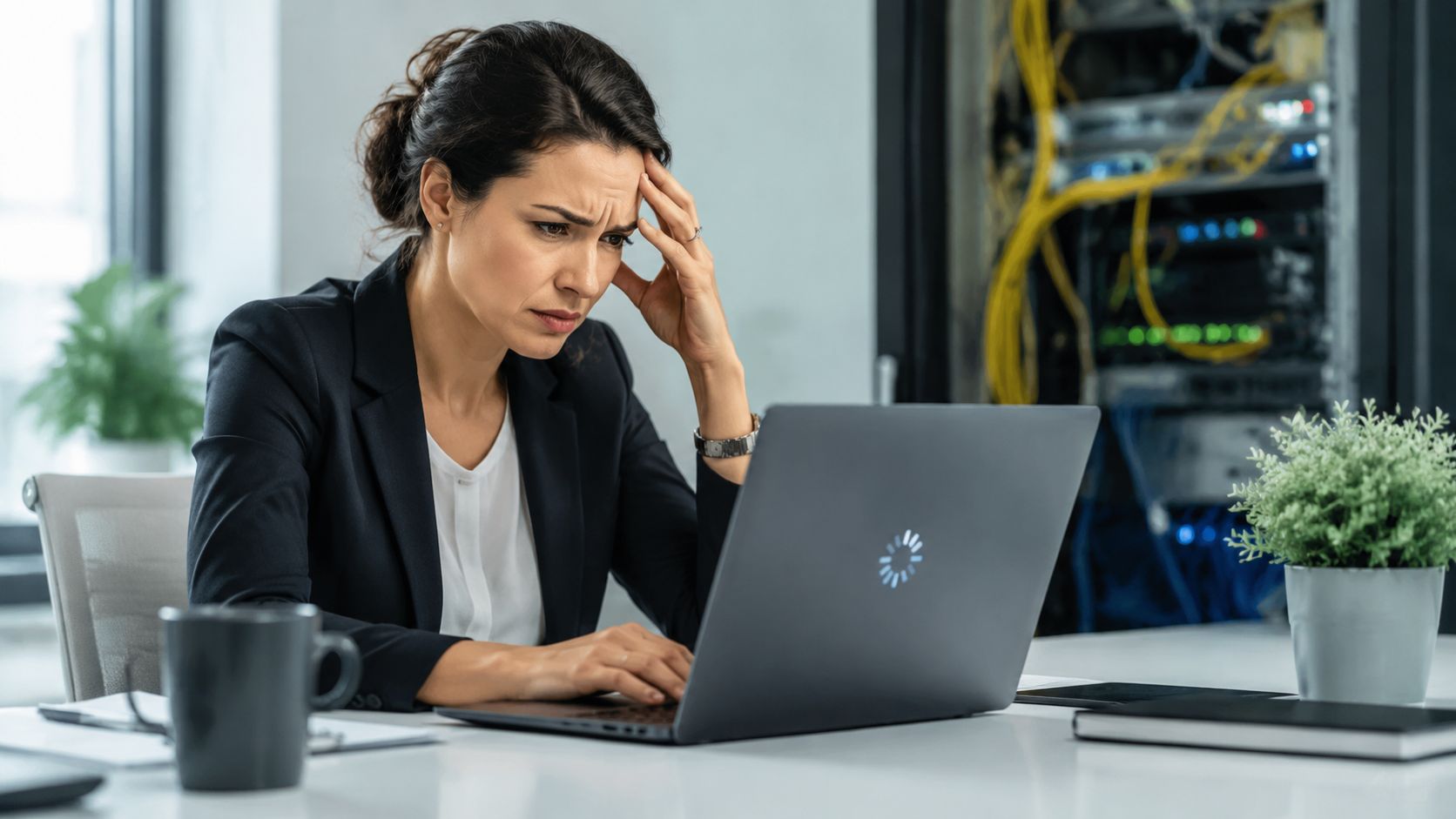 Eine gestresste IT-Expertin starrt besorgt auf ihren Laptop-Bildschirm vor einem Serverraum in einem modernen Büro.