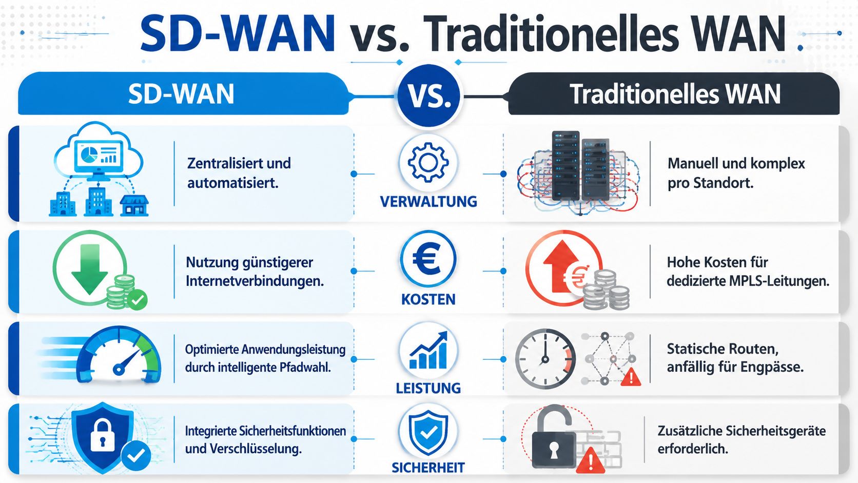 Vergleichsgrafik zwischen moderner SD-WAN Technologie und traditionellen WAN-Netzwerken basierend auf Verwaltung, Kosten, Leistung und Sicherheit.