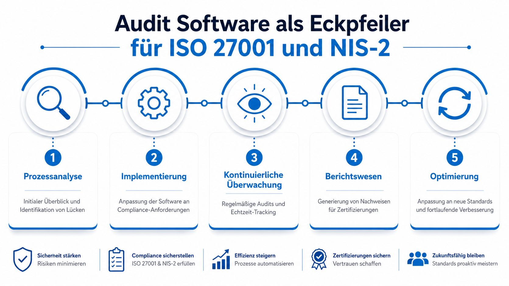 Eine Infografik zur Audit-Software als Grundlage für die Anforderungen von ISO 27001 und NIS-2 Compliance.