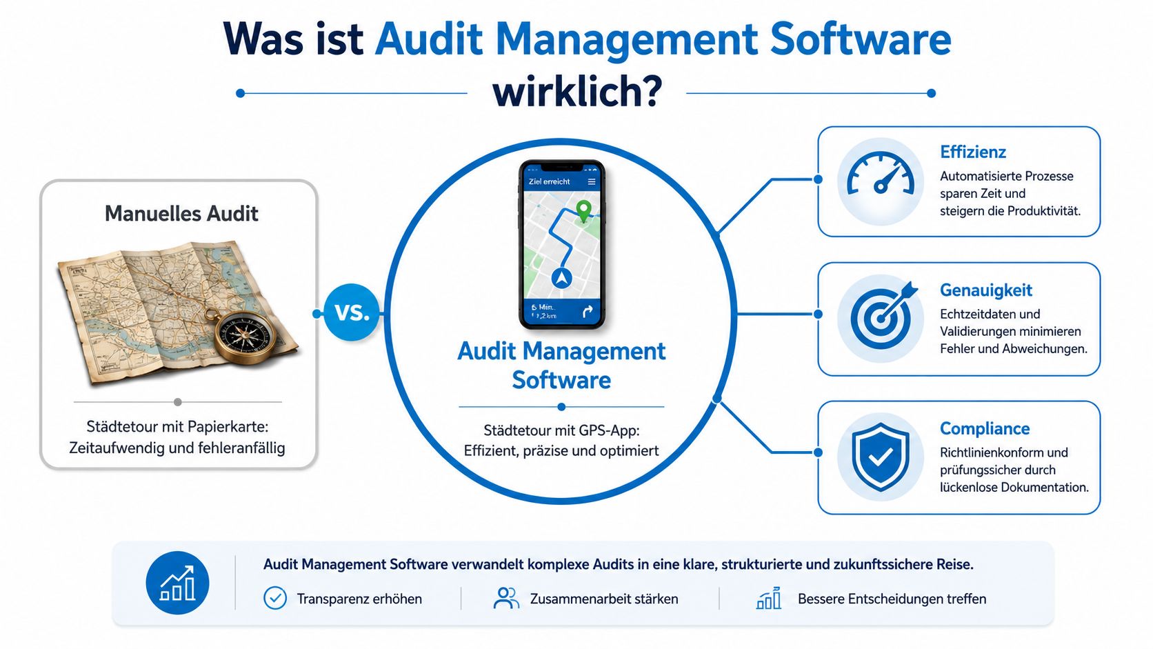 Vergleich zwischen manuellem Audit mit Papierkarte und effizienter, präziser Audit Management Software als moderner, digitaler Lösung.