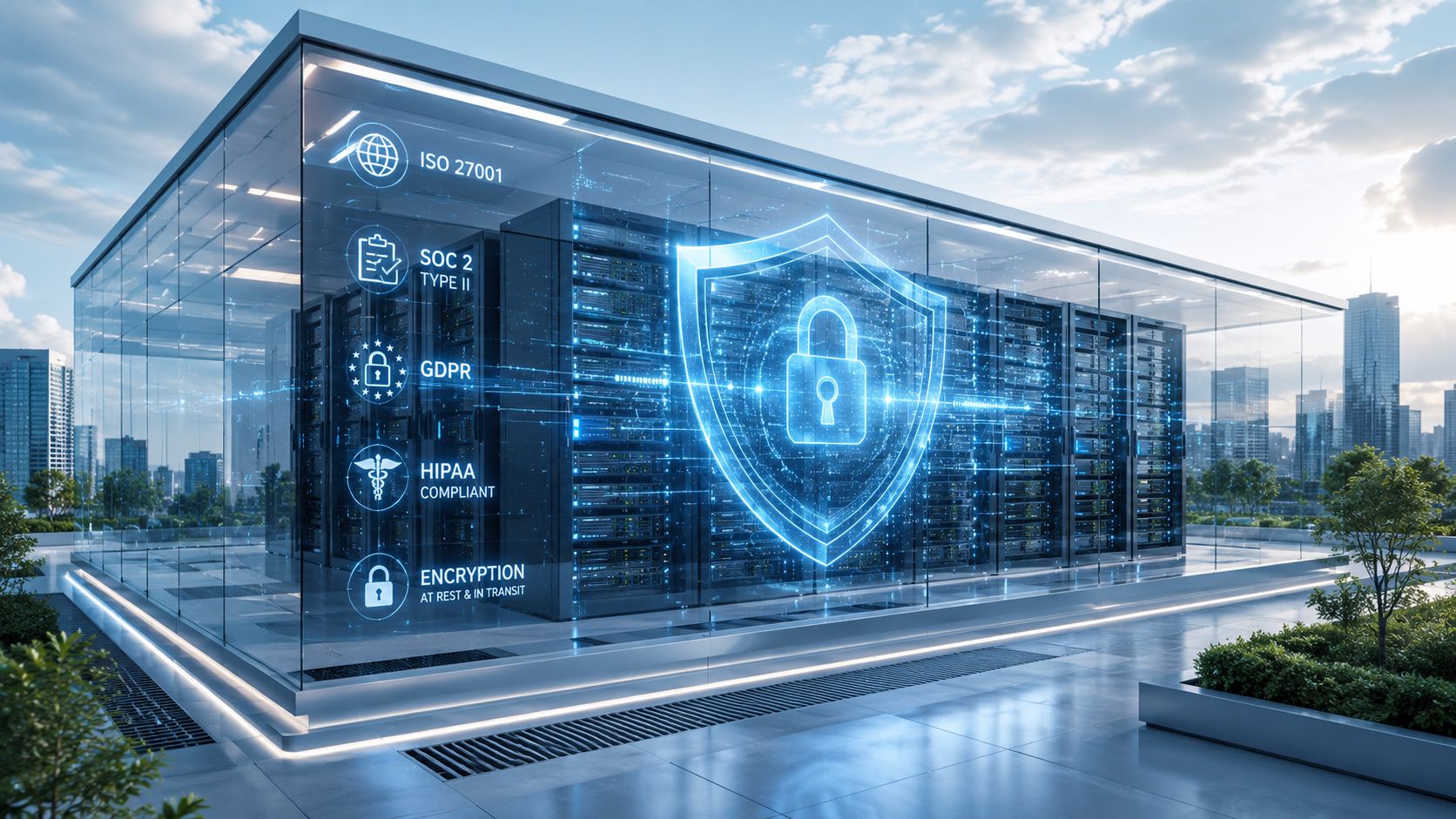 Ein modernes Rechenzentrum mit digitalen Sicherheitszertifikaten, Schutzschild-Symbol und Serverracks in einer transparenten, technologischen Umgebung.