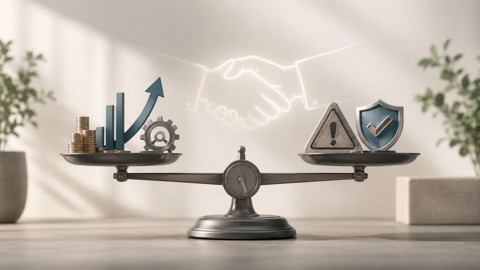 Eine Waage symbolisiert das Gleichgewicht zwischen finanziellem Wachstum, technischen Prozessen und dem Risikomanagement bei der Cloud-Migration.