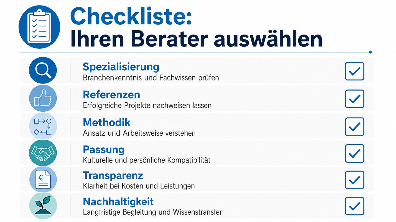 Eine Checkliste für die Auswahl eines passenden Beraters für mittelständische Unternehmen mit sechs wichtigen Bewertungskriterien.