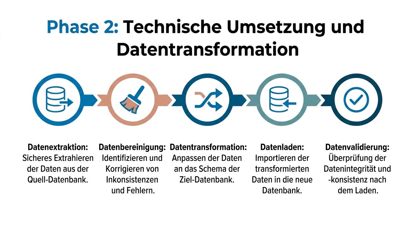 Eine grafische Darstellung der fünf Schritte einer Datenbankmigration von der Datenextraktion bis zur abschließenden Datenvalidierung.