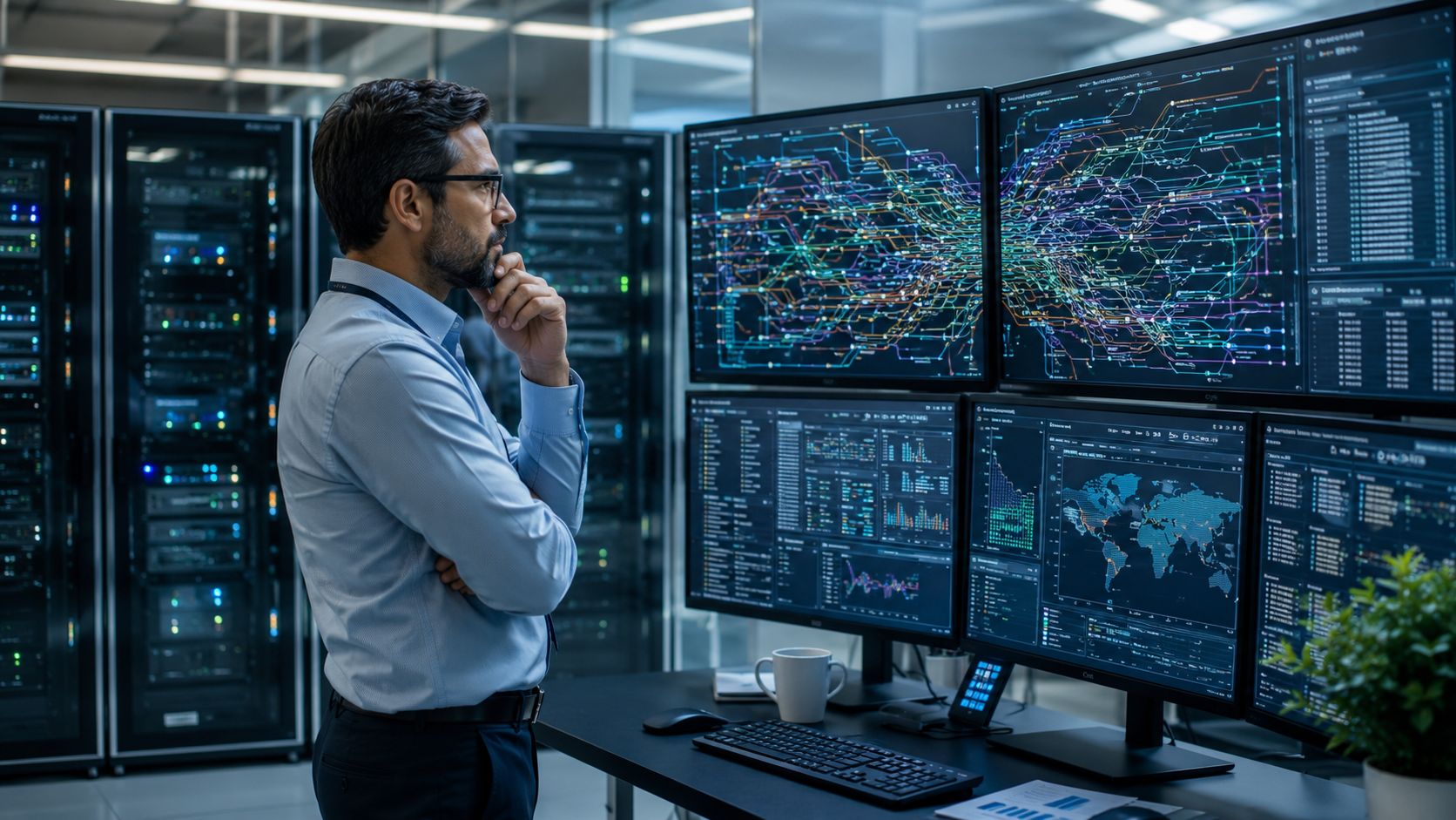Ein fokussierter IT-Experte überwacht komplexe Datennetzwerke und Serverstatistiken in einem modernen, hell beleuchteten Rechenzentrum vor mehreren Monitoren.