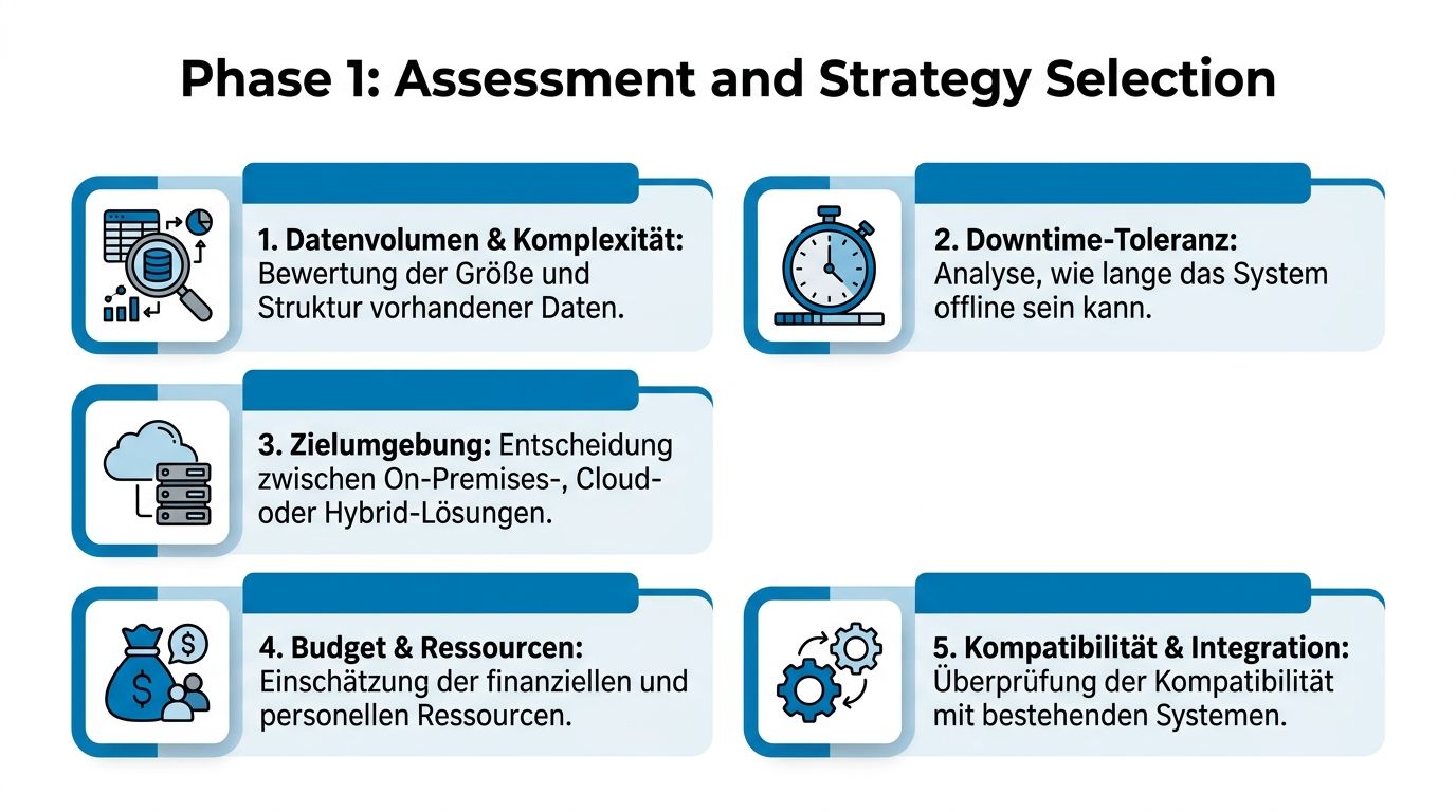 Eine Infografik zur Phase 1 der Datenbankmigration, die fünf wesentliche Planungsschritte und Faktoren zusammenfasst.