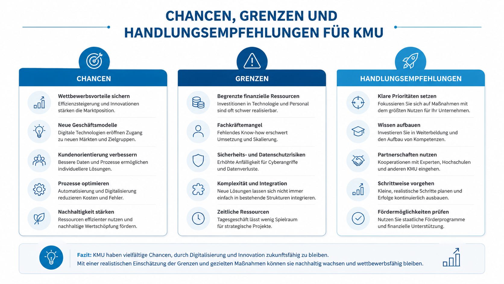 Eine Infografik, die Chancen, Grenzen und Handlungsempfehlungen für KMU im Bereich Digitalisierung und Innovation übersichtlich darstellt.