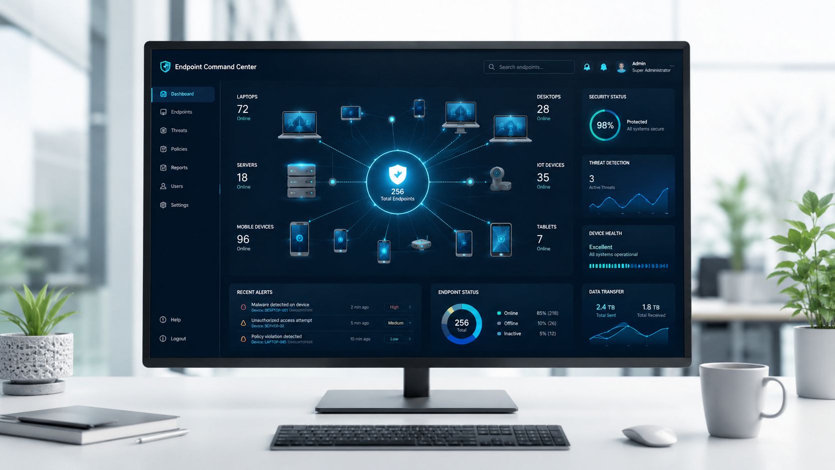 Ein Monitor zeigt ein modernes Endpoint-Management-Dashboard mit Netzwerkverbindungen und Sicherheitsstatistiken in einer hellen Büroumgebung.