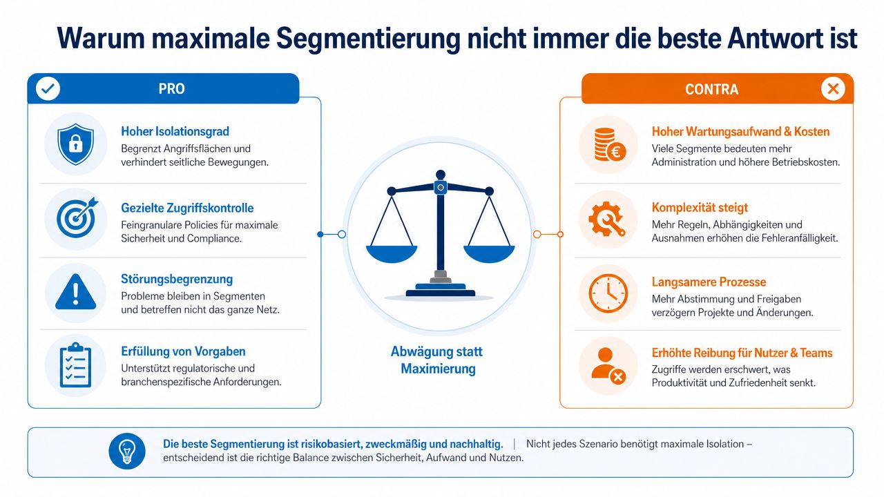 Infografik zum Vergleich von Pro- und Contra-Argumenten für eine maximale IT-Netzwerksegmentierung mit einer Waage in der Mitte.