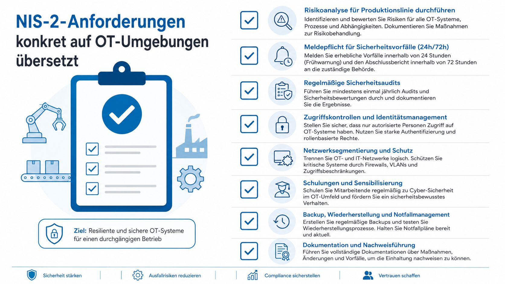 Infografik zur Umsetzung der NIS-2-Anforderungen für industrielle OT-Umgebungen mit acht zentralen Sicherheitsmaßnahmen für Unternehmen.