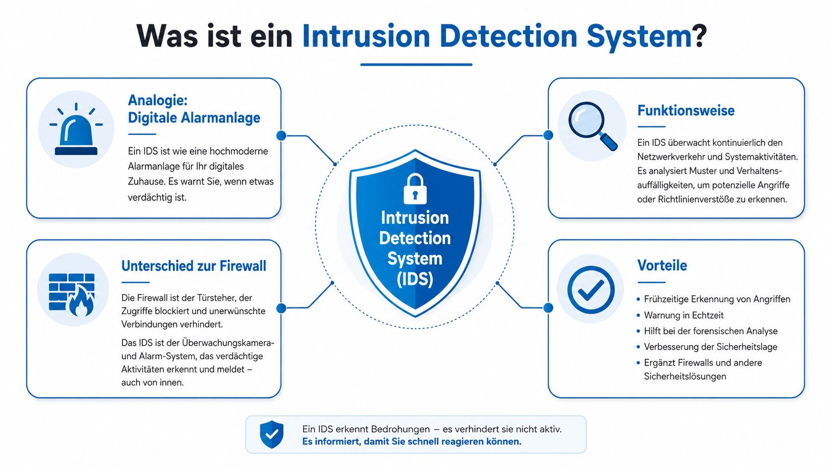Eine Infografik erklärt die Funktionsweise, Analogien und Vorteile von Intrusion Detection Systemen in der IT-Sicherheit.