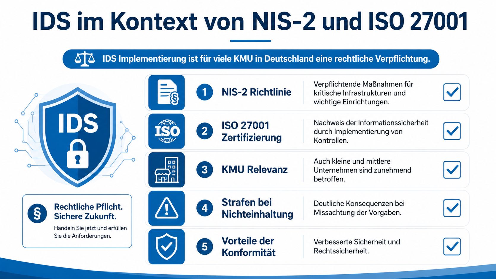 Infografik zur Bedeutung von Intrusion Detection Systemen im Kontext von NIS-2 Richtlinien und ISO 27001 Zertifizierungen.