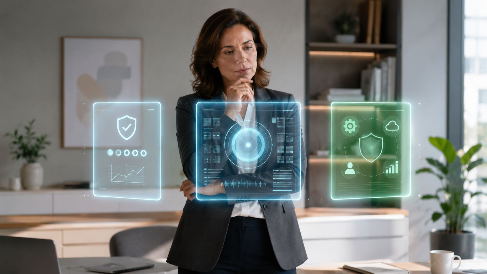 Eine Geschäftsfrau betrachtet nachdenklich eine digitale holografische Anzeige mit Sicherheitsgrafiken und Daten in einem modernen Büro.