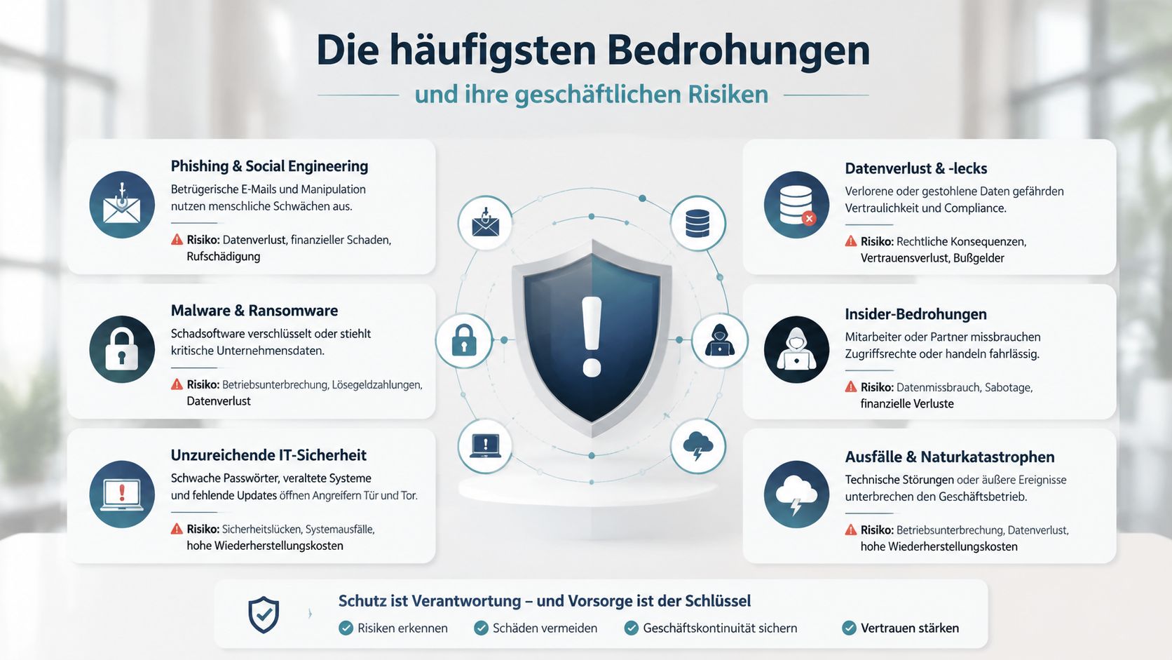 Eine Infografik über IT-Sicherheitsbedrohungen und geschäftliche Risiken wie Phishing, Ransomware, Datenlecks und Ausfälle.