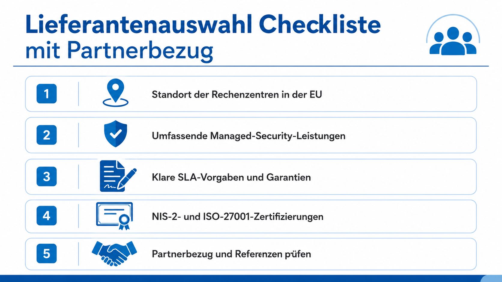 Eine Checkliste für die Auswahl von IT-Lieferanten mit Fokus auf Datenschutz, Sicherheit, Zertifizierungen und partnerschaftliche Zusammenarbeit.