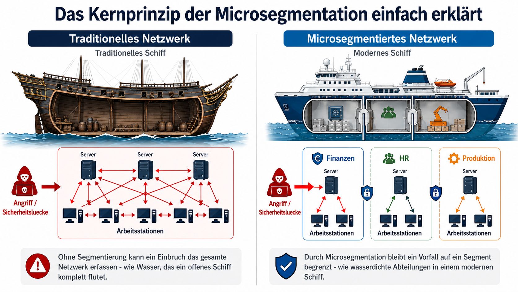 Vergleich zwischen traditioneller und mikrosegmentierter Netzwerkarchitektur anhand einer Schiffsmetapher zur Veranschaulichung der Cybersicherheit.