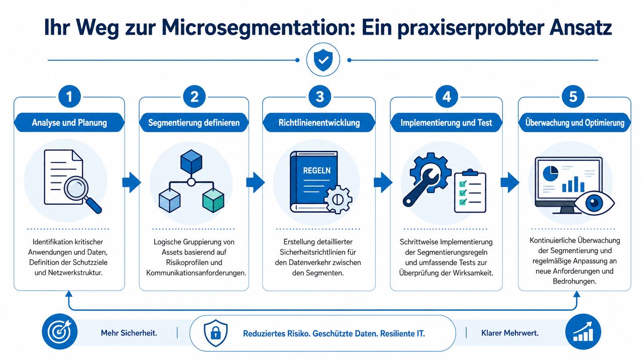 Eine fünfstufige Infografik zum Prozess der Microsegmentierung für IT-Sicherheit, von der Analyse bis zur kontinuierlichen Optimierung.