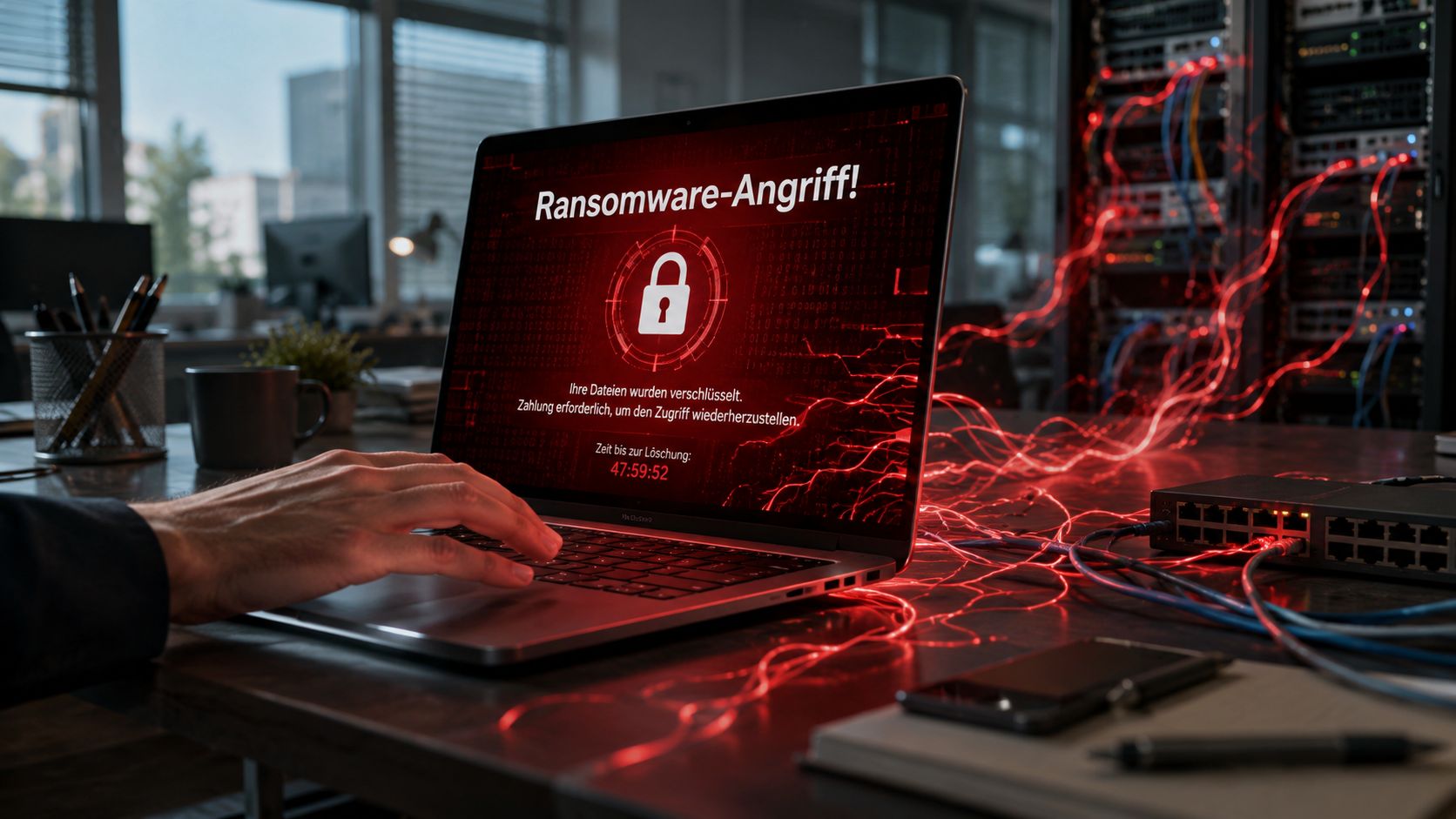 Ein Laptop zeigt einen Ransomware-Angriff mit einer roten Warnmeldung auf einem Schreibtisch in einem IT-Serverraum.