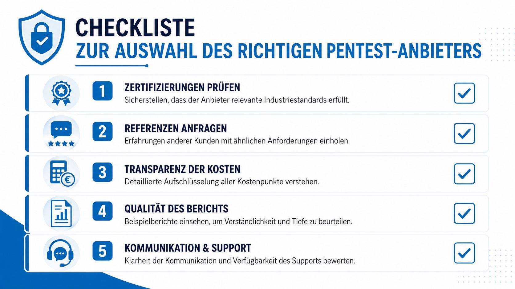 Eine Checkliste in Deutsch zur Auswahl eines professionellen Anbieters für Penetrationstests mit fünf wichtigen Prüfkriterien.
