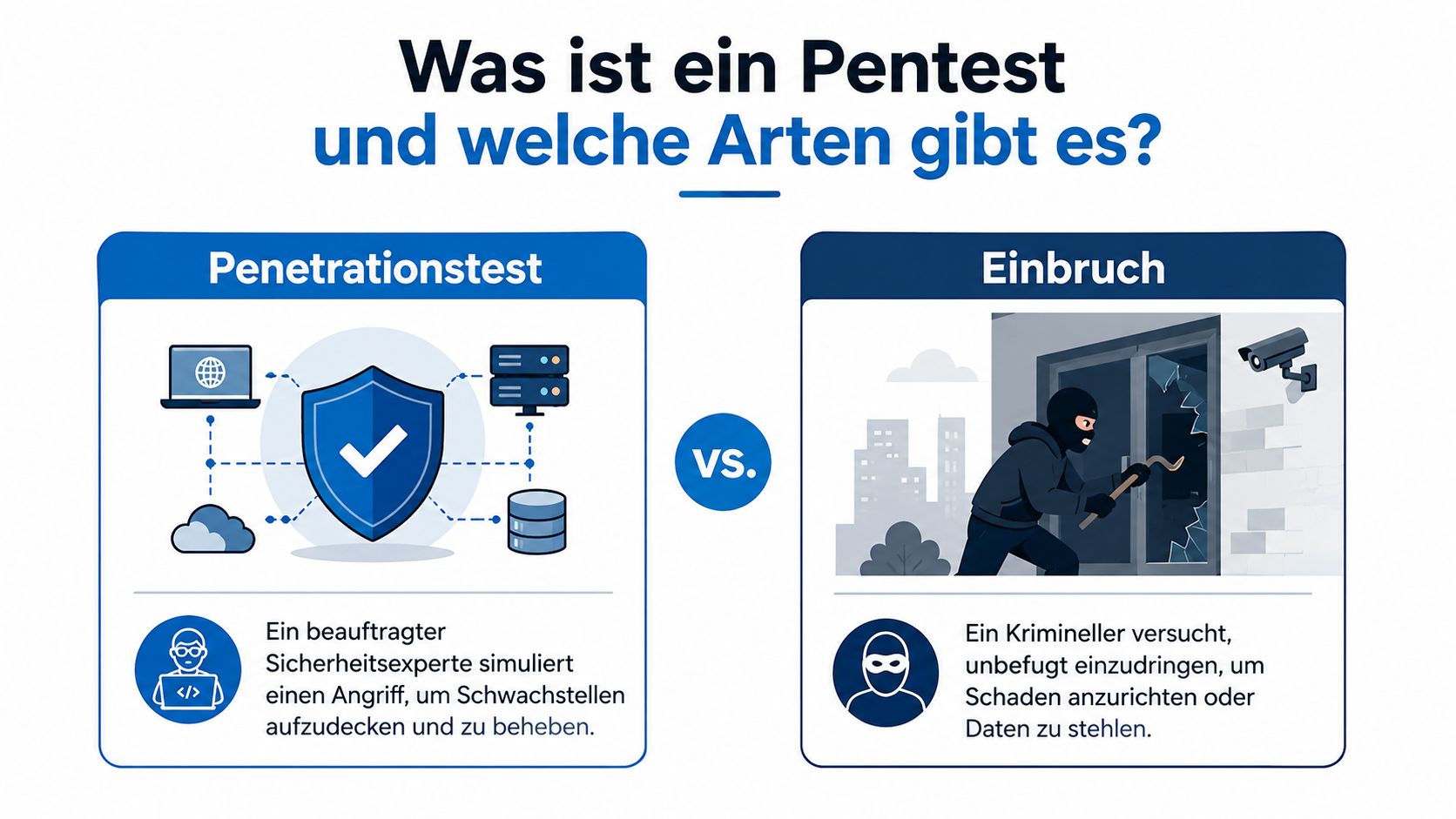 Vergleich zwischen einem autorisierten Penetrationstest durch Sicherheitsexperten und einem kriminellen Einbruch zur Verdeutlichung der Unterschiede.