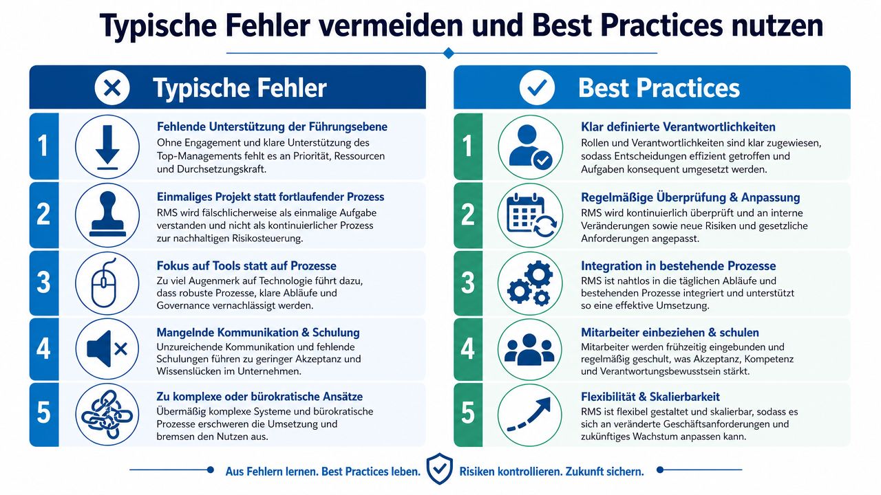 Infografik mit typischen Fehlern bei der Einführung von Risikomanagementsystemen gegenüber bewährten Best-Practice-Methoden zur Prozessoptimierung.