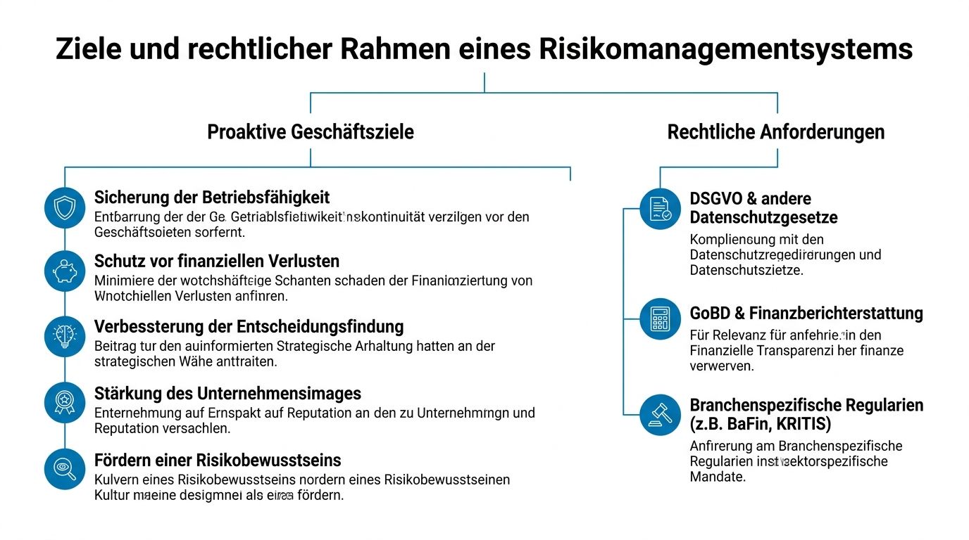 Übersicht der Ziele und rechtlichen Rahmenbedingungen für ein effektives Risikomanagementsystem in Unternehmen in einer grafischen Darstellung.