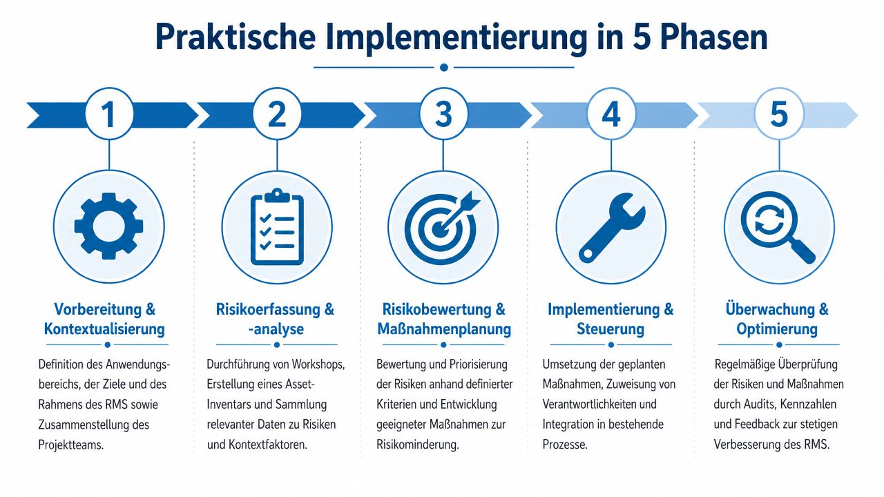 Eine Infografik zur praktischen Implementierung eines Risikomanagementsystems in fünf strukturierten Schritten von der Vorbereitung bis zur Optimierung.