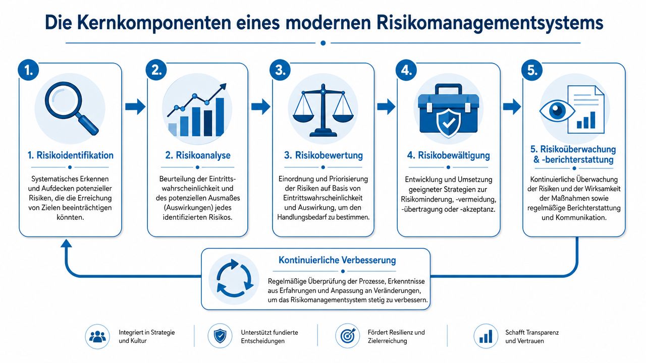 Grafik zeigt die fünf Kernkomponenten eines modernen Risikomanagementsystems von der Identifikation bis zur kontinuierlichen Überwachung und Verbesserung.