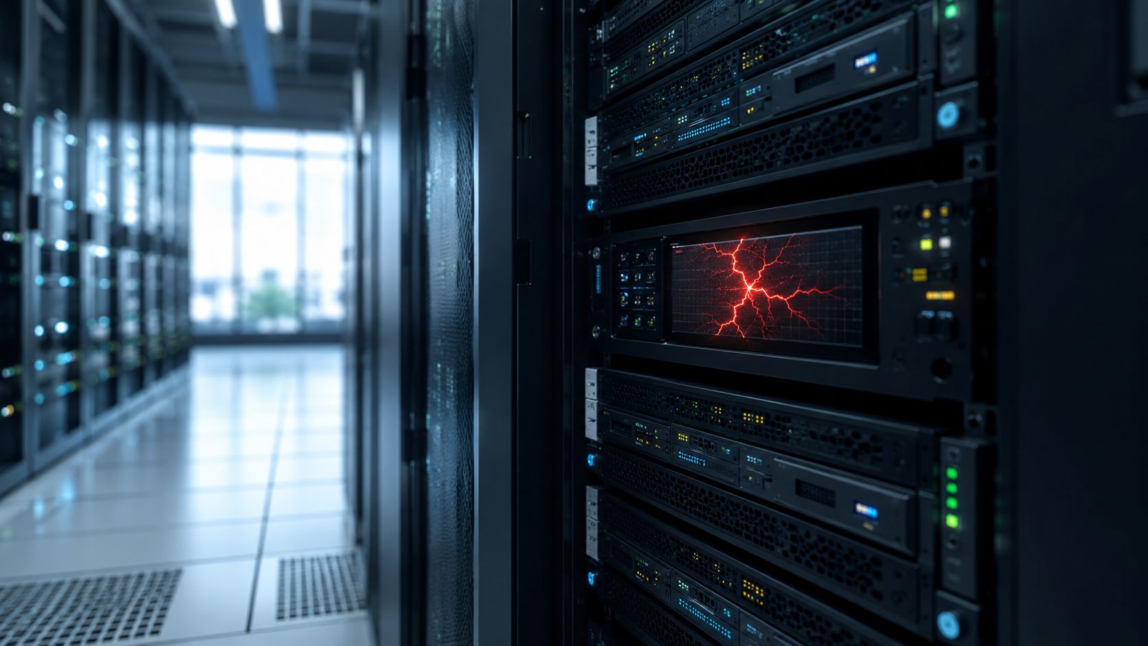 Ein moderner Serverraum mit blinkenden Rack-Servern und einer grafischen Darstellung einer digitalen Sicherheitsbedrohung auf einem Display.