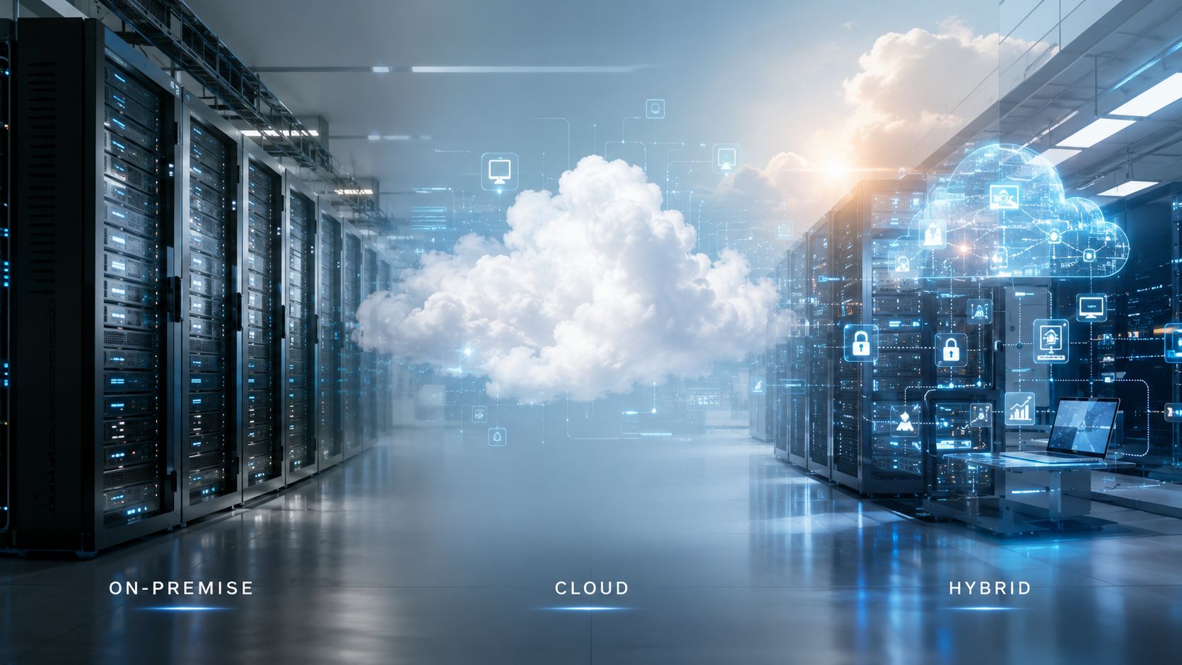 Ein moderner Serverraum, der die technologische Verbindung zwischen On-Premise-Infrastruktur, Cloud-Computing und hybriden Netzwerklösungen für Unternehmen visualisiert.