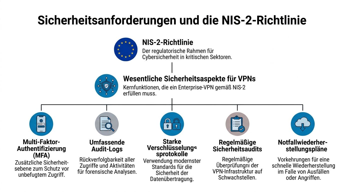 Infografik über Sicherheitsanforderungen für Unternehmens-VPNs basierend auf der europäischen NIS-2-Richtlinie für Cybersicherheit.