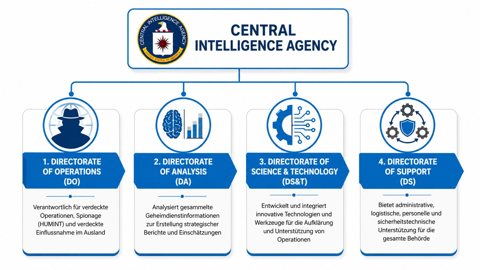 Organigramm der Central Intelligence Agency mit den vier Hauptdirektoraten und deren spezifischen Aufgabenbereichen auf Deutsch erklärt.