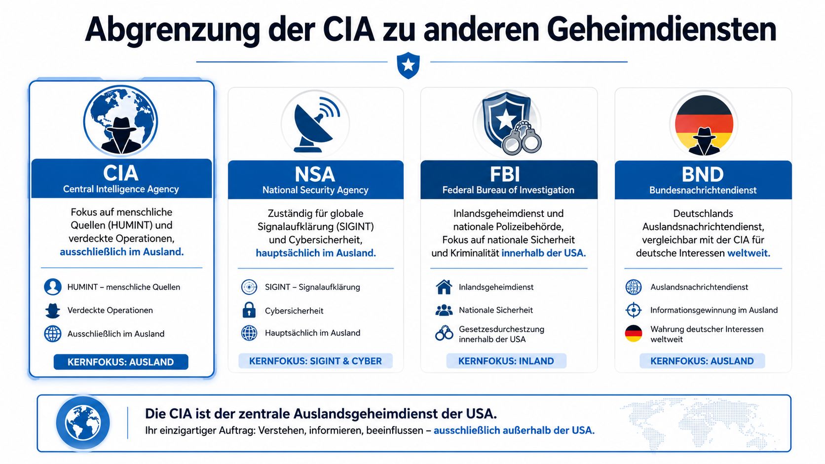 Eine Infografik, die die Aufgabenbereiche von CIA, NSA, FBI und BND vergleicht und ihre jeweiligen Schwerpunkte erklärt.